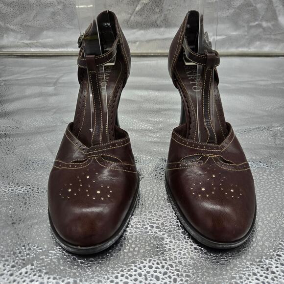 Franco Sarto Womens Vtg Y2K Brown Leather Heels 9M Ankle T-Strap Retro Art Deco - Picture 3 of 10